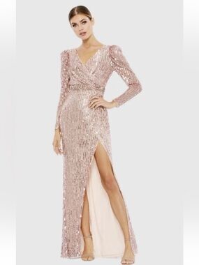 Mac Duggal Rose Gold Sequin Wrap V-Neck Long Sleeve Gown
